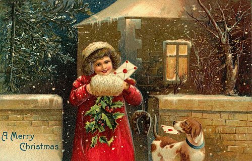 Victorian Girl Christmas Greeting Card with Dog