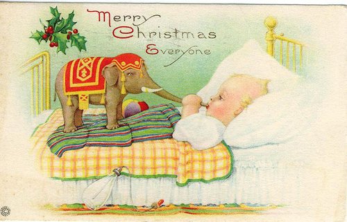 Vintage Edwardian Christmas Card with Elephant & Child in Bed