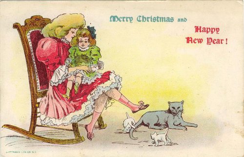 Victorian Christmas New Year Greeting Card with Woman, Child & Cats