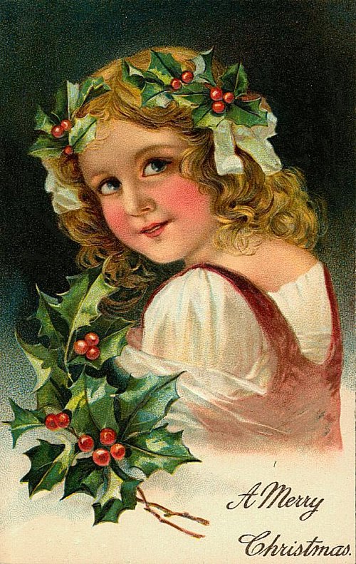 Victorian Christmas Greeting Card with Holly and Curly-Haired Child