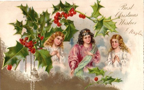 Victorian Christmas Greeting Card with Angels and Holly
