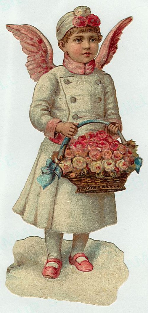 Victorian Angel Cherub with Roses Basket Die-Cut Greeting Card