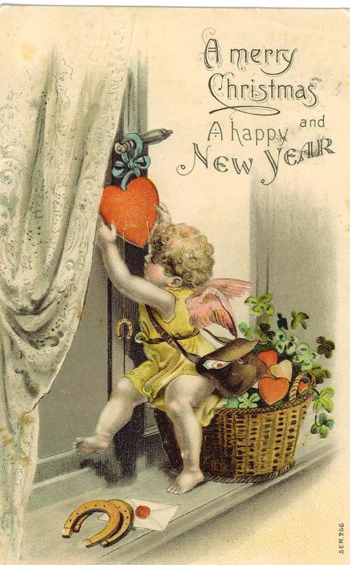 Victorian Christmas New Year Greeting Card Cupid Angel 1890s