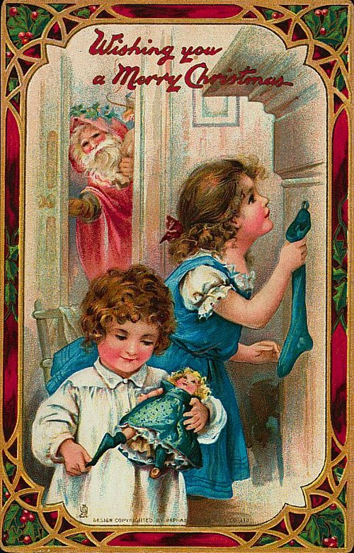 Victorian Christmas Card Children Hanging Stockings, Circa 1880s