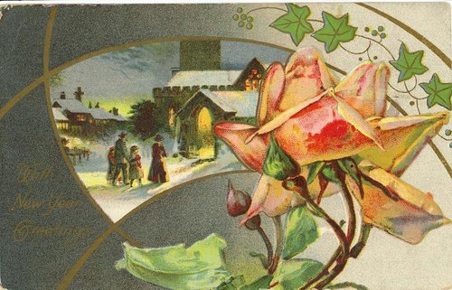Victorian New Year Card with Church Scene & Rose Flowers