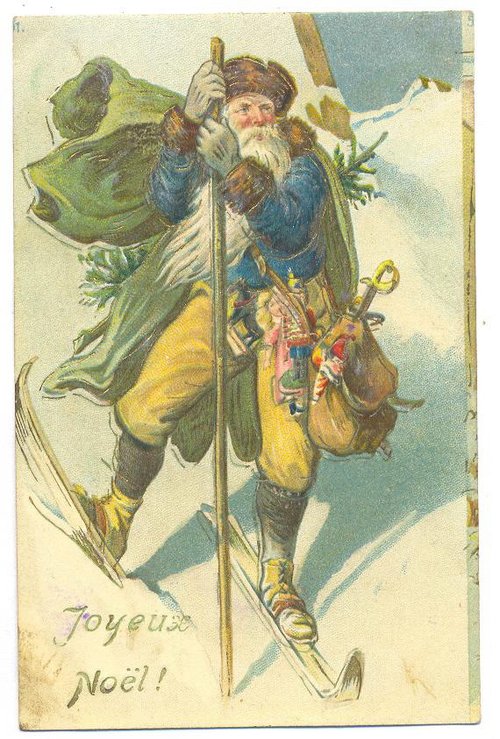 Vintage Joyeux Noël Santa Skiing Christmas Greeting Card