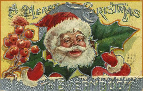 Vintage Santa Claus Christmas Card, Victorian Holly & Berries Design