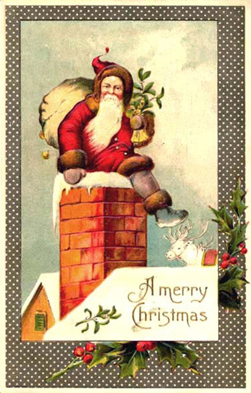 Victorian Santa Climbing Chimney Christmas Greeting Card