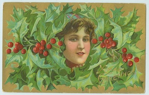 Victorian Holly Girl Greeting Card | Vintage Christmas Chromolithograph