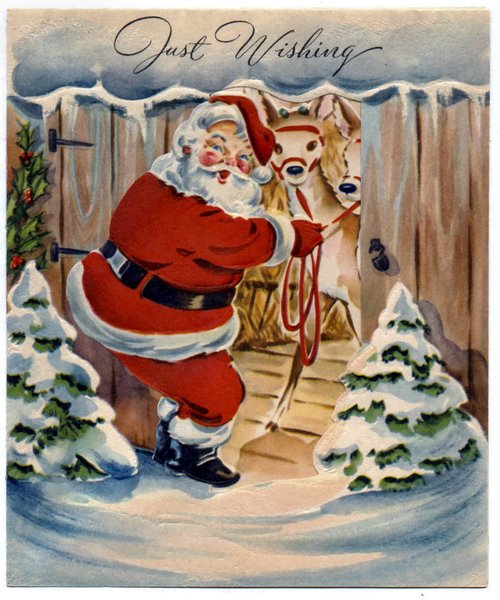 Vintage Santa with Reindeer Christmas Greeting Card, Early 1900s