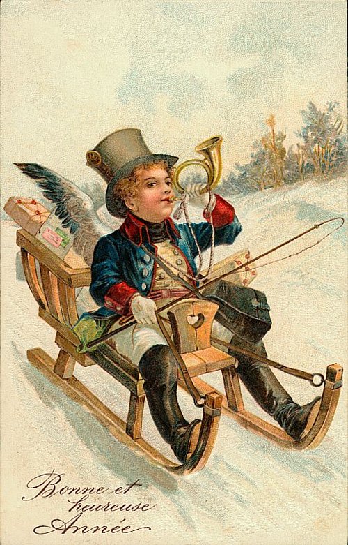 Vintage New Year Cherub Angel Sleigh Card, Victorian Era