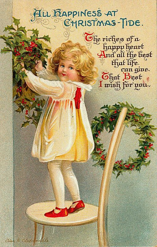Edwardian Christmas Card with Holly & Child