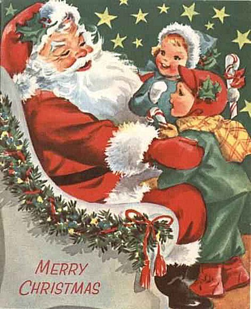Vintage Santa Claus with Two Children Christmas Greeting Card