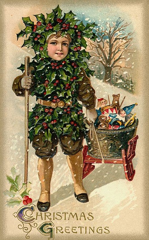 Victorian Christmas Greetings Card with Holly Boy & Toy Wagon