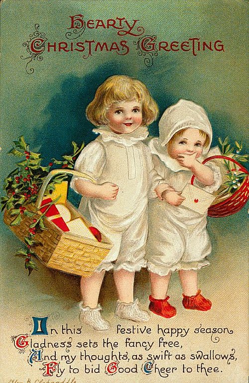 Victorian Christmas Greeting Card with Children and Holly Basket