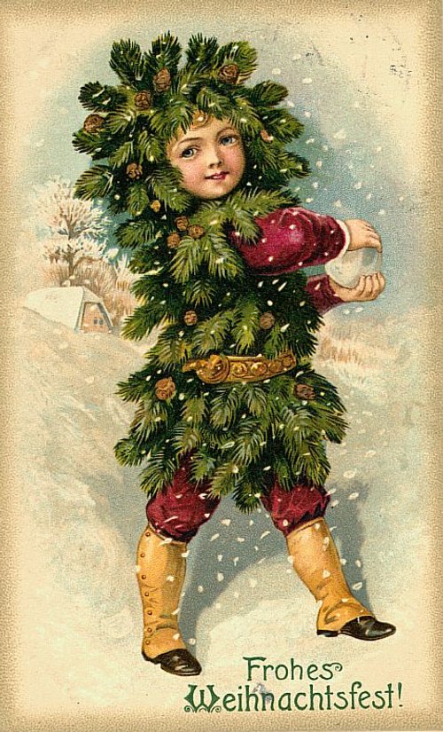 Victorian German Christmas Card with Child in Pine Garland