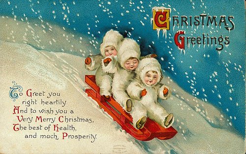 Vintage Christmas Greetings Card: Children Sledding in Snow, Early 1900s