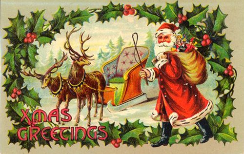 Victorian Santa Sleigh Christmas Greeting Card with Reindeer