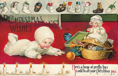 Victorian Christmas Wishes Card with Crawling Babies & Toys