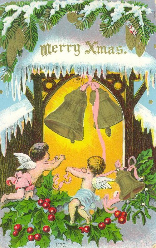 Victorian Christmas Card with Cherubs and Golden Bells