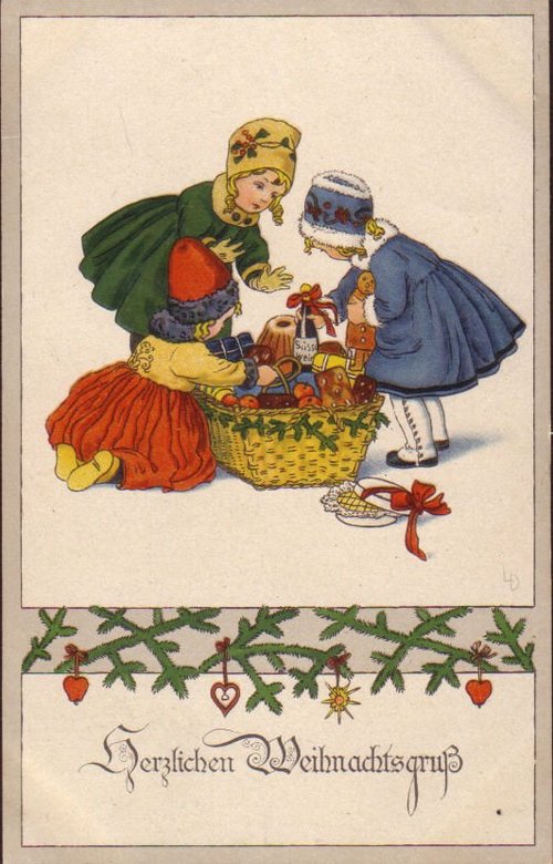 Vintage German Christmas Card with Children & Gift Basket