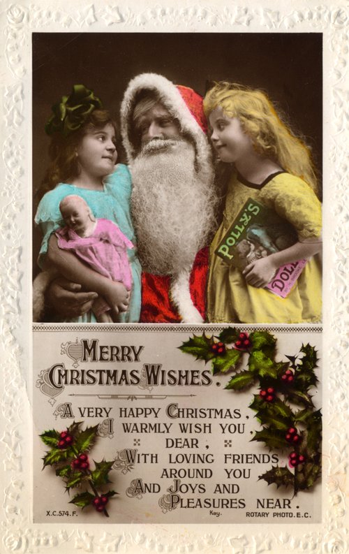 Edwardian Santa Christmas Card with Children & Holly