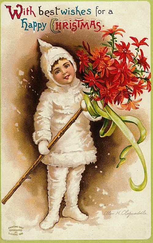 Victorian Christmas Card with Child in Snow Suit & Red Flowers
