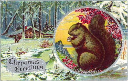 Victorian Christmas Greetings Card with Squirrel Profile Portrait