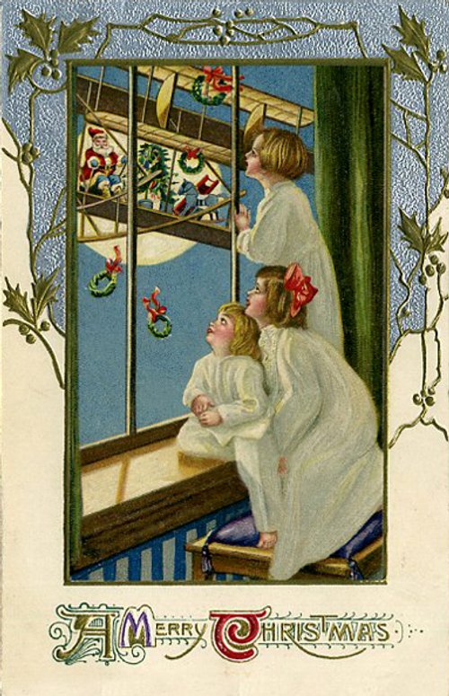 Vintage Edwardian Christmas Card Children Window Scene