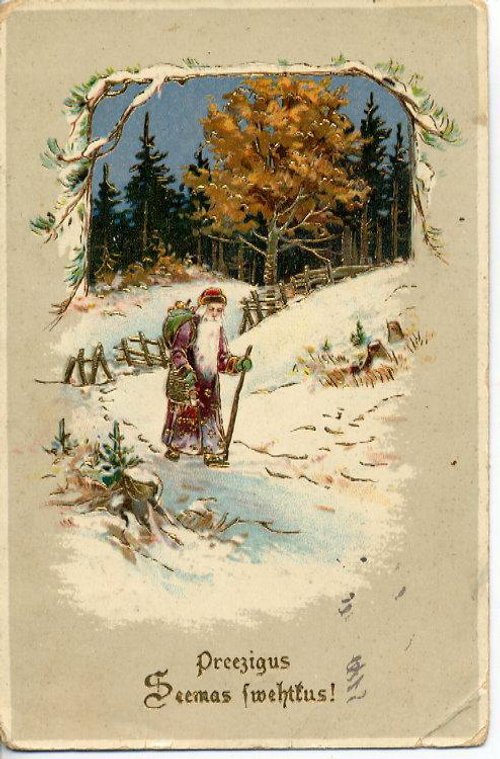 Victorian Christmas Card: Santa in Snowy Forest Scene