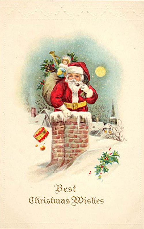 Victorian Santa Chimney Christmas Wishes Greeting Card