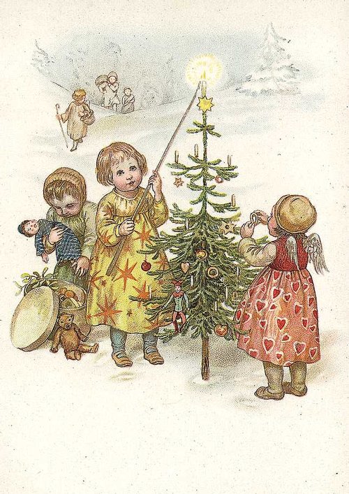 Victorian Christmas Card Children Angel Star Tree