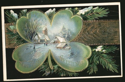 Victorian New Year Greetings Die-Cut Card with Winter Village Scene