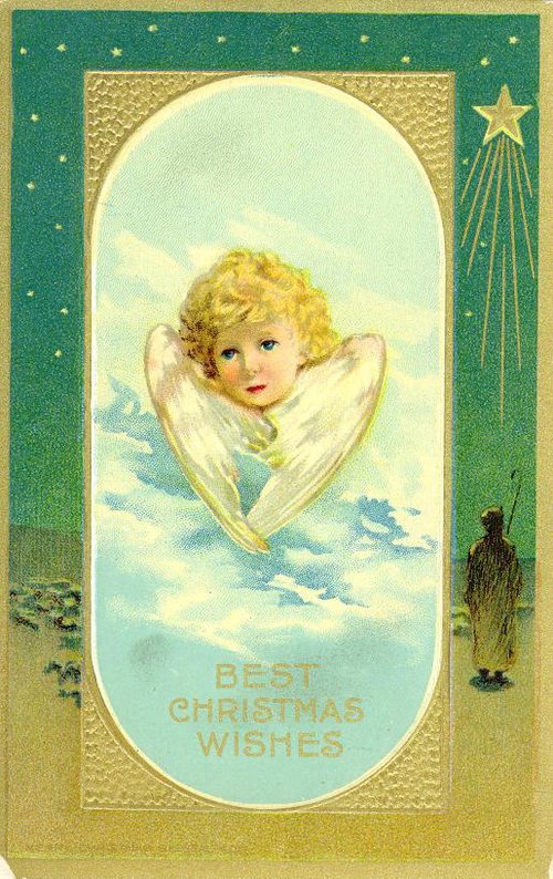 Victorian Christmas Angel Greeting Card with Gold Embossed Details
