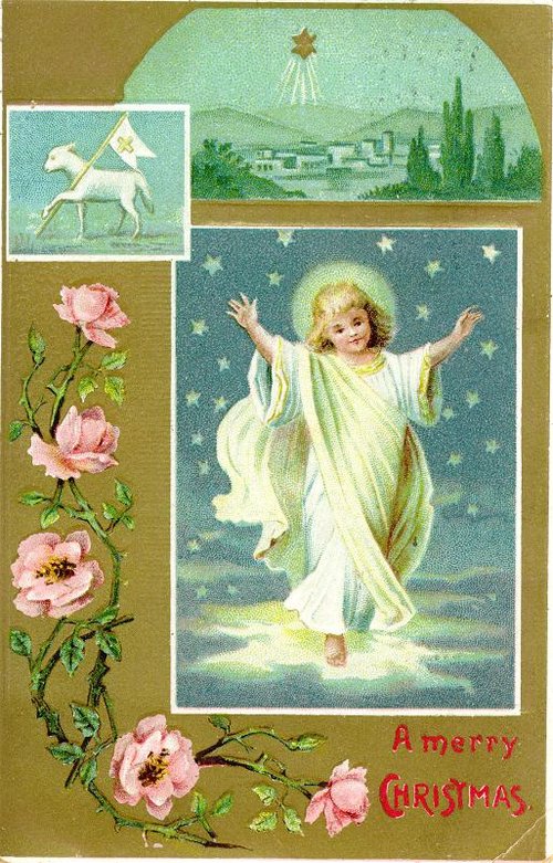 Victorian Christmas Angel Card with Nativity Scene & Pink Roses