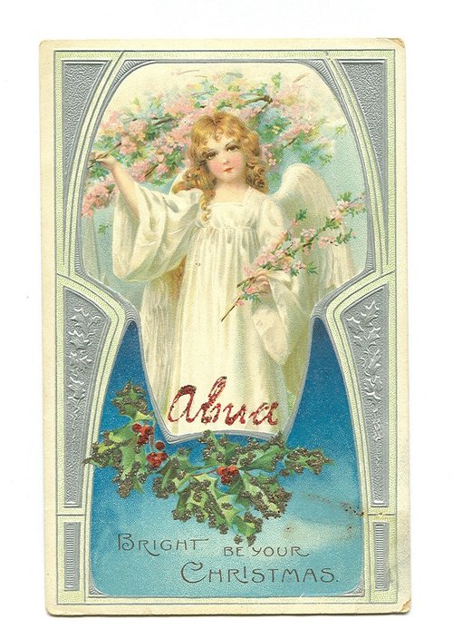Vintage Victorian Christmas Angel Card with Holly & Pink Flowers