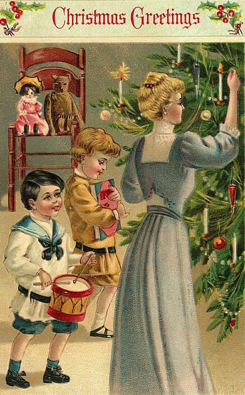 Edwardian Christmas Greetings Card with Children & Woman Decorating Tree
