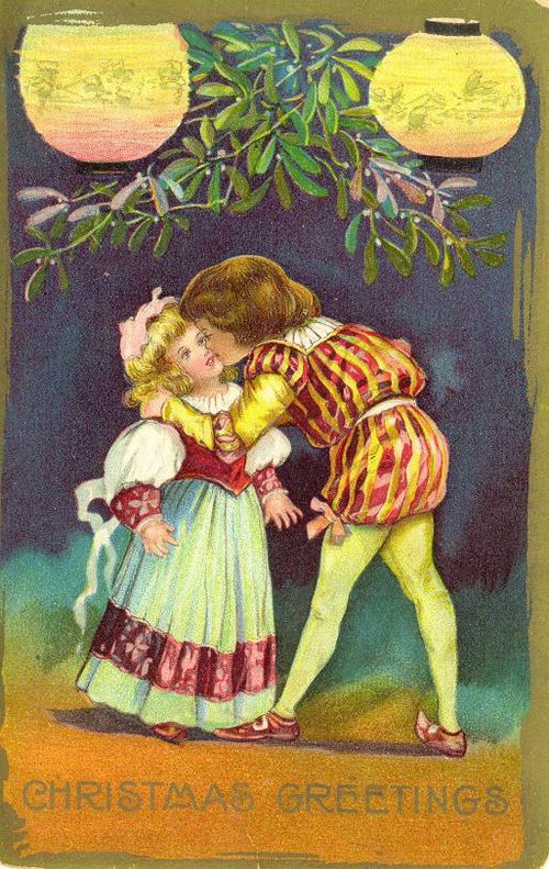 Victorian Christmas Greeting Card: Mistletoe Kiss Scene