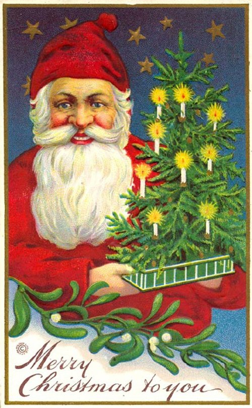 Vintage Santa Christmas Card with Candle Tree | Early 1900s