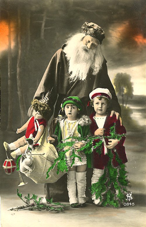Vintage Santa with Two Children Christmas Card, Early 1900s