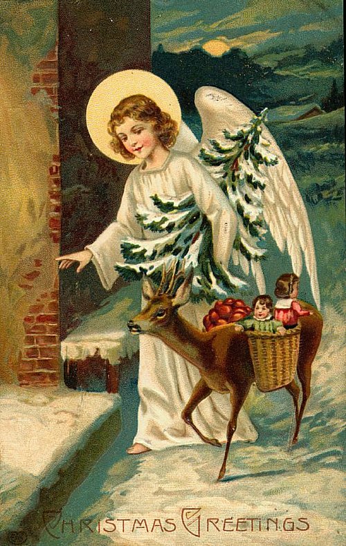 Victorian Christmas Angel with Deer & Gifts | Vintage Greeting Card