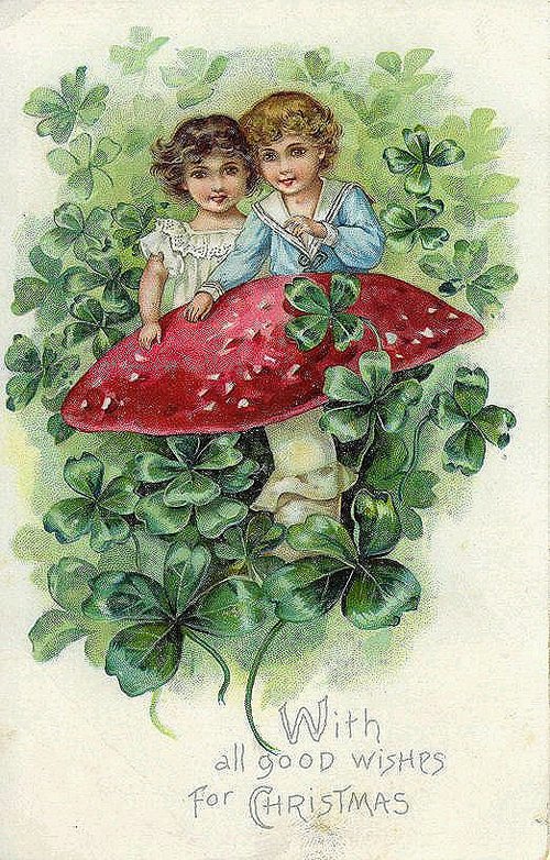 Victorian Christmas Greeting Card with Children on Mushroom