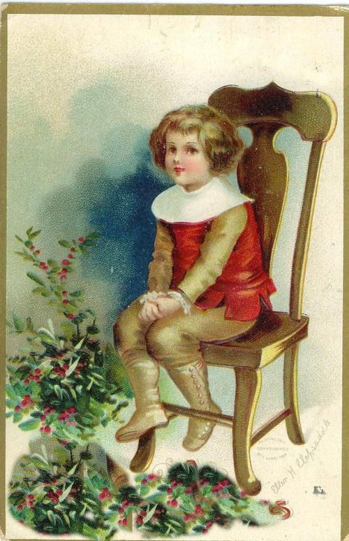 Victorian Child on Chair with Flowers Greeting Card