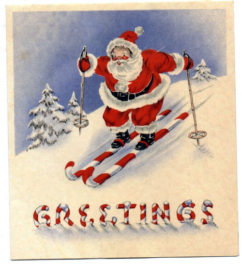 Vintage 1920s Santa Skiing Christmas Greeting Card