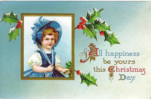 Victorian Christmas Card Girl Blue Bonnet Holly Berry 1890s