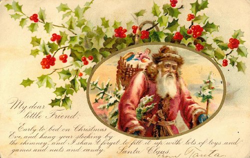 Victorian Santa Christmas Greeting Card with Holly Berries