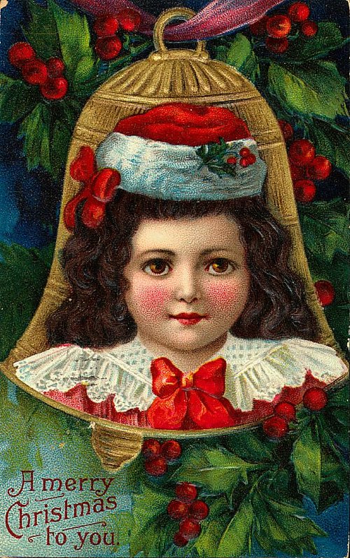 Victorian Christmas Greeting Card with Child in Golden Bell & Holly Berries