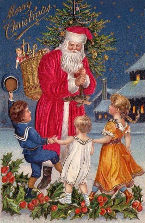 Victorian Santa Claus Christmas Greeting Card with Children