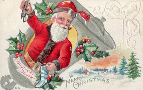 Victorian Christmas Santa Greeting Card with Holly and Winter Landscape