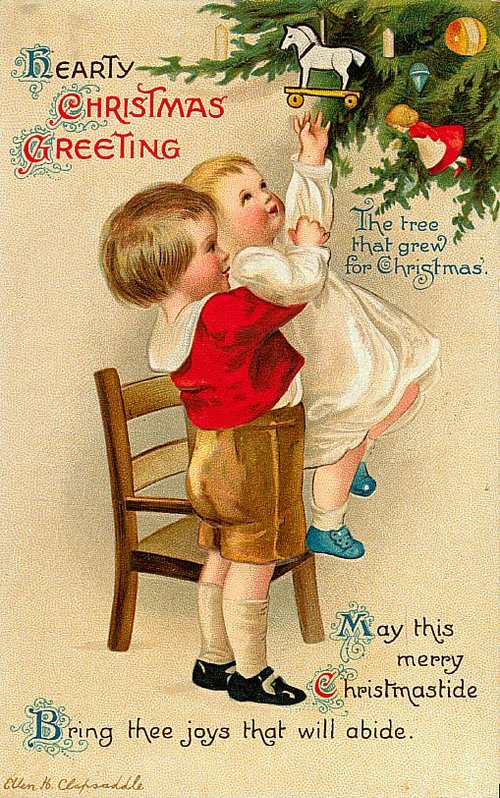 Vintage Hearty Christmas Greeting Card Children Decorating Tree